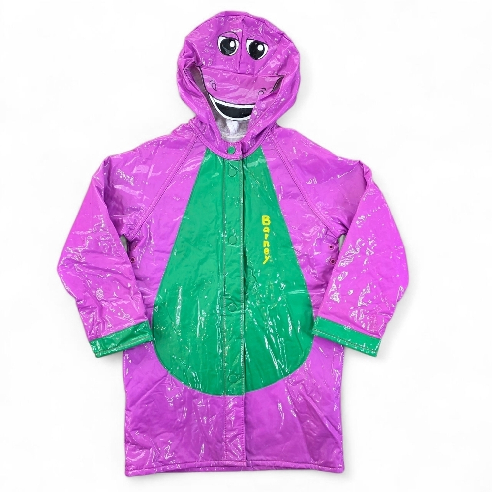 Vintage 90s Barney Dinosaur Kids Raincoat Hooded Purple PVC Jacket Costume